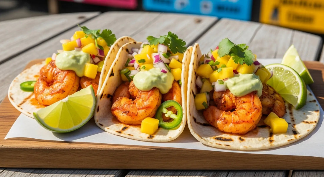 Mexican Chilli Lime Prawn Tacos with mango salsa, avocado crema, fresh coriander and lime.